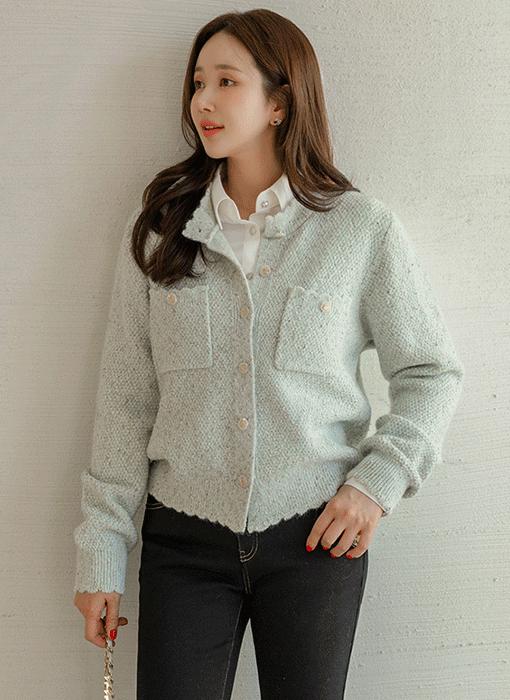 로아모 물결 라인 포인트 포켓 보카시 니트 가디건