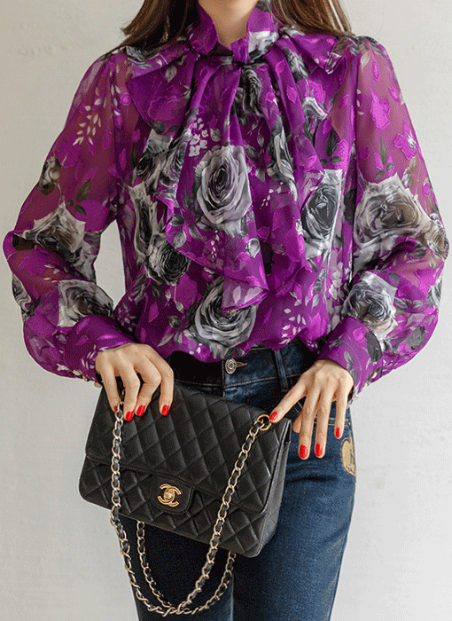 로디아 꽃잎 쟈가드 에스닉 로즈 패턴 프릴 러플 블라우스