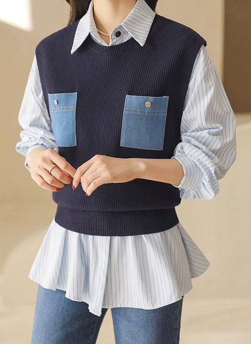 베디오 데님 포켓 비스코스 니트 조끼 베스트