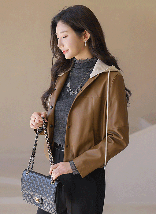 리디블 니트 후드 배색 모던 블루종 레더 자켓