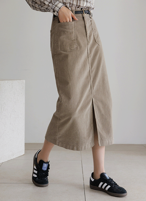 [Theonme] 홀앤드 앞트임 포켓 코듀로이 H라인 스커트