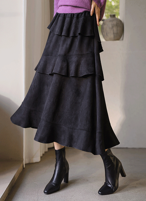 [Theonme] 트엘르 언발 캉캉 프릴 플레어 스웨이드 밴딩 스커트