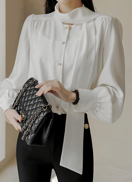 [LouisAngel] 벤지아 리본 타이 넥 사각사각 쉬폰 퍼프소매 블라우스