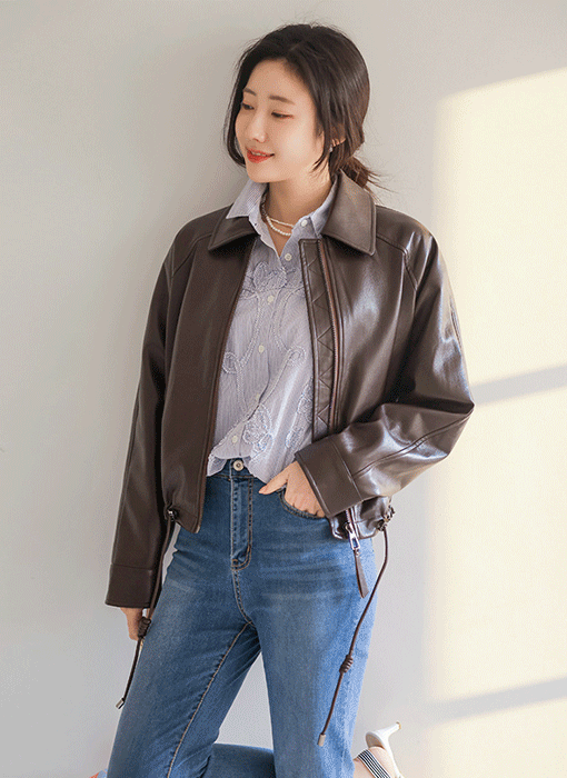 라즐리 밑단 스트링 카라 집업 레더 자켓