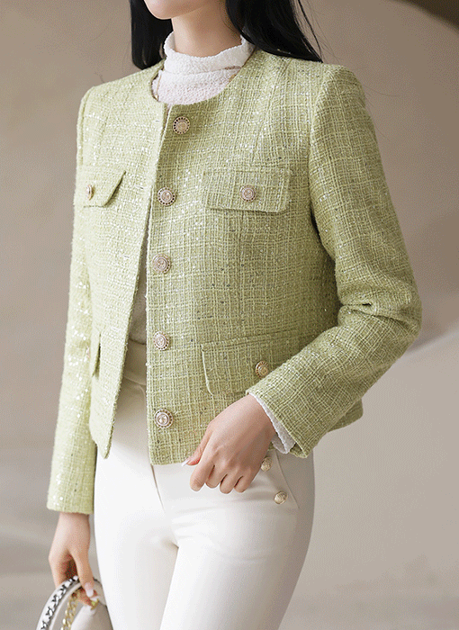 [LouisAngel] 젤로티 스팽글 펄 세미크롭 트위드 자켓