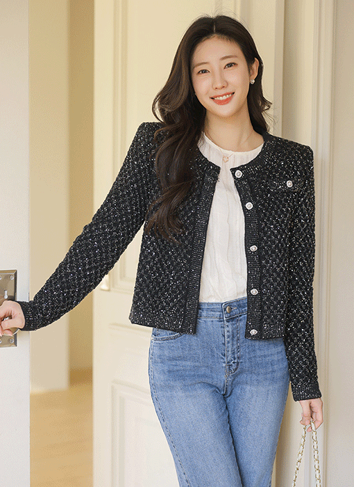 레일리 펄 스팽글 다이아 체크 패턴 니트 가디건