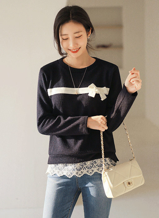 슈나린 러블리 리본 디테일 밑단 레이스 배색 니트 티셔츠