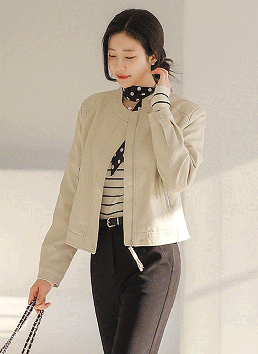 리엘스 미드 시즌 세미 크롭 레더 집업 라이더 자켓