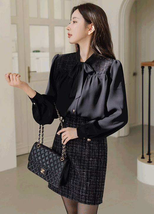 [特价年末装] 粗花妮配色蝴蝶结系带衬衫