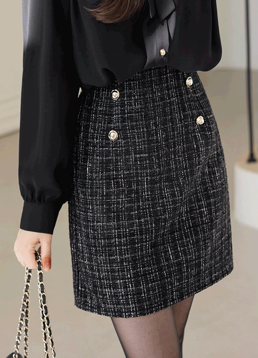 [特价年末装] 珠光粗花妮双排扣短裙