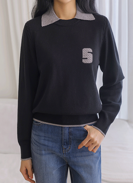 [Theonme] 엘핀 비스코스 배색 카라 레이어드 라운드 니트