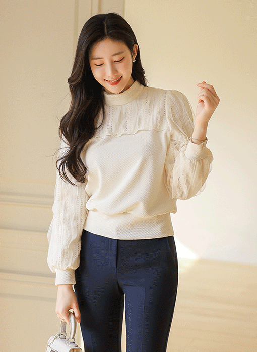 [LouisAngel] 브리벨 쉬폰 프릴 레이스 배색 반하이넥 쟈가드 블라우스 티