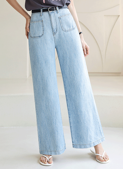 [Theonme] 후들한 린넨 텍스쳐 앞포켓 와이드 데님 팬츠