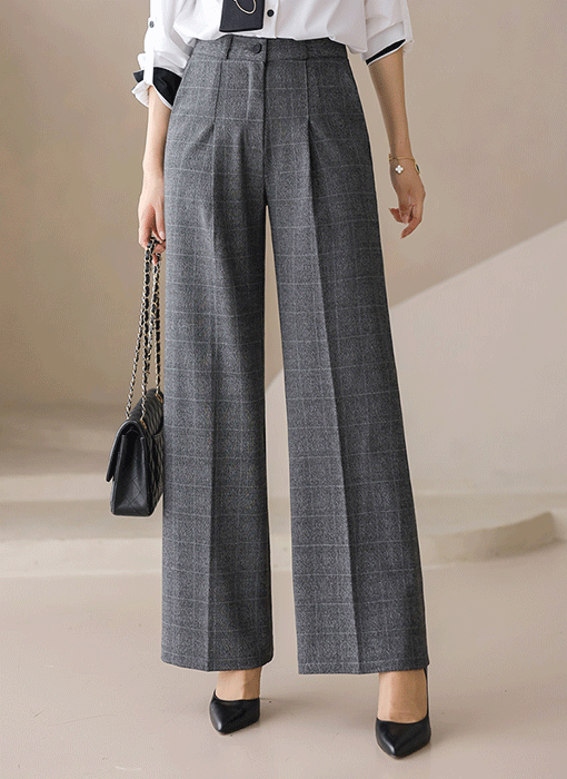 델리밋  웜 터치 체크 원턱 세미 와이드 슬랙스 팬츠