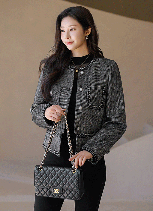 브리안 울 블렌딩 보카시 샤인 트위드 노카라 자켓