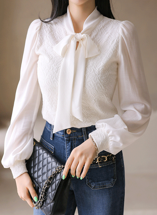[LouisAngel] 메이린 로즈 쟈가드 쉬폰 소매 배색 리본 넥 블라우스 티