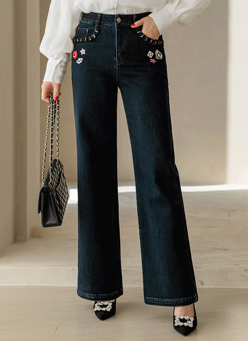 안나나 미니 스마일 와펜 체인 포인트 포근 기모 일자 세미 와이드 데님 팬츠