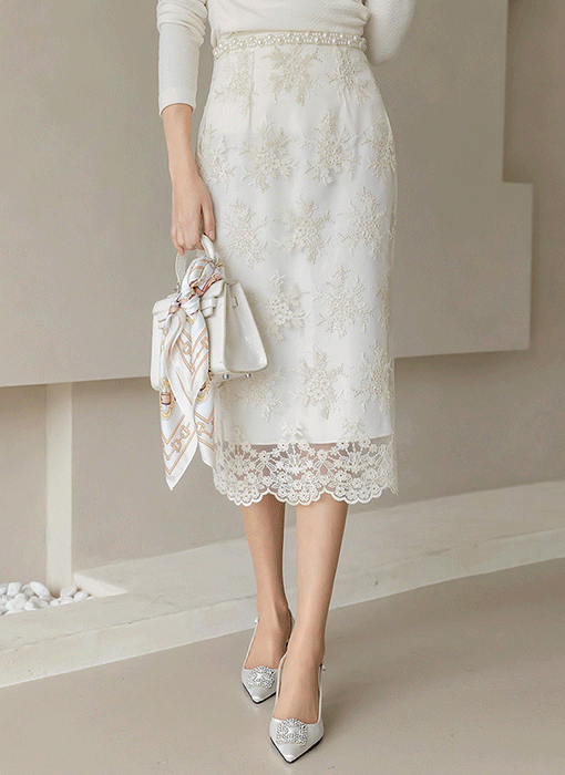 레이첼 골드 펄 자수 레이스 밑단 스캘럽 H라인 펜슬 스커트