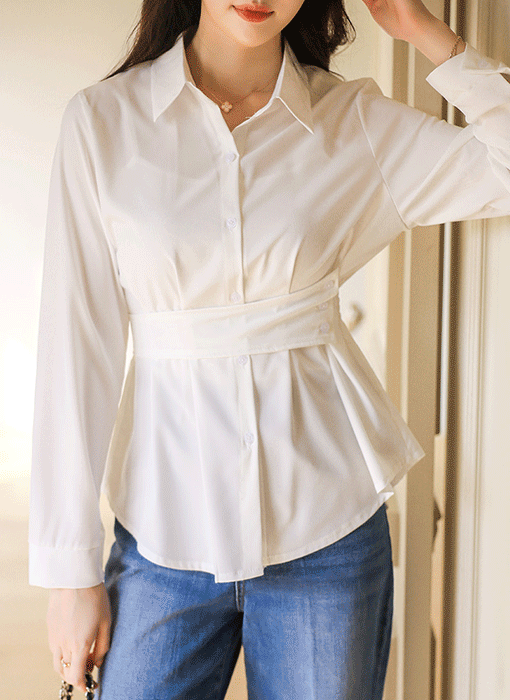 르네아 허리 비조 버튼 백 스모킹 밴딩 셔링 카라 블라우스