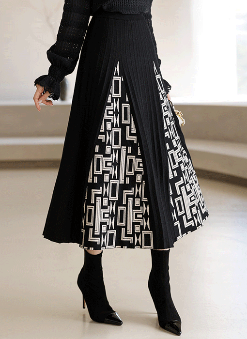 镂空几何图案褶边针织长裙