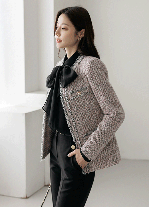 페니샤 프린지 디테일 멜란지 트위드 미드 자켓