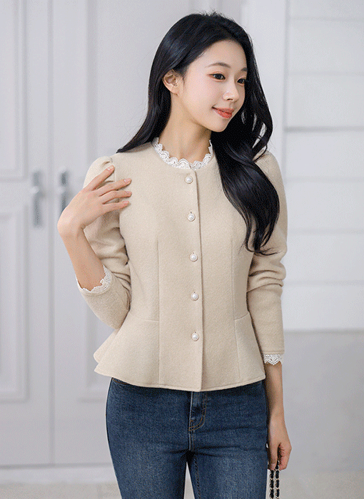 디엔프 포근 니트 텍스쳐 레이스 페플럼 블라우스