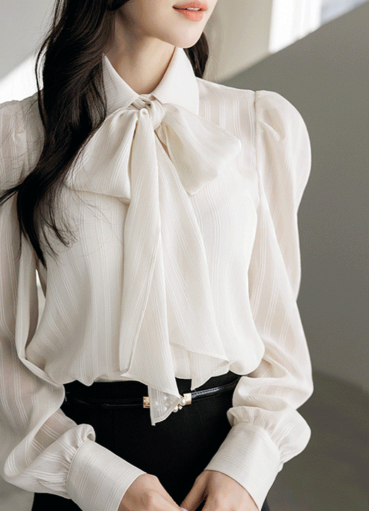 [LouisAngel] 소프트 앤 소프트 시스루 스트라이프 리본SET 블라우스