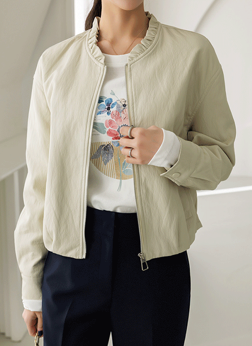 지아트 미니 프릴 넥 밑단 셔링 레더 집업 자켓