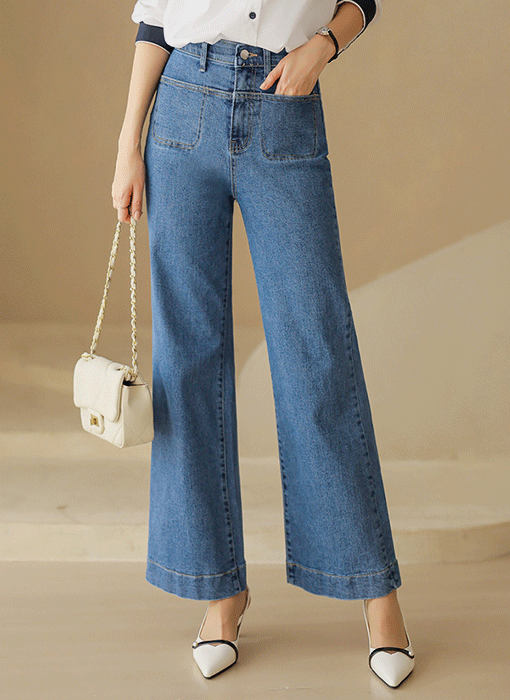 브루엘 히든밴딩 절개 디테일 앞 포켓 세미 와이드 데님 팬츠