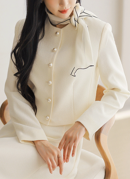 디엘라 배색 시스루 스카프SET 트위드 노카라 자켓