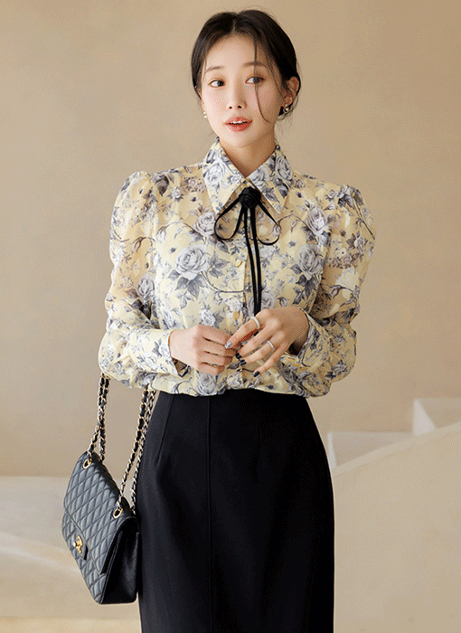 앤더슨 장미 리본 브로치SET 꽃잎 쟈가드 쉬폰 블라우스