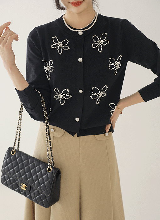 샤르미 봄빛 진주 플라워 라운드 니트 가디건