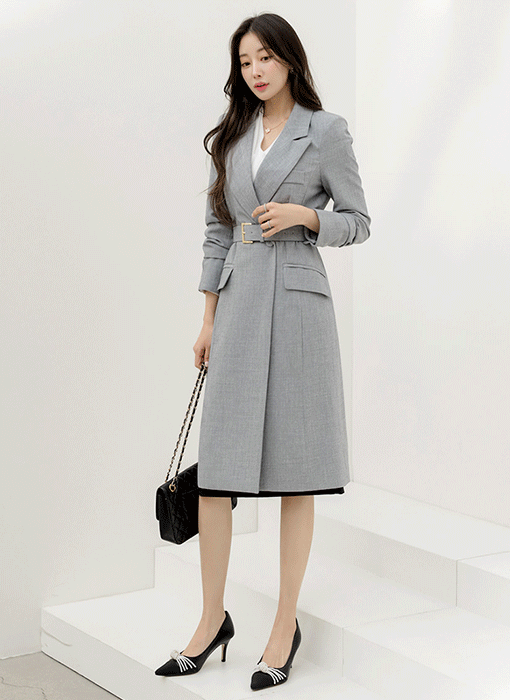 리오나 클래식 무드 벨트SET 테일러드 더블 롱 자켓