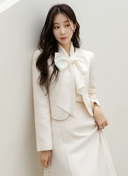 [LouisAngel] 리오웬 쉬폰 리본 스카프SET 노카라 은은 펄 트위드 자켓