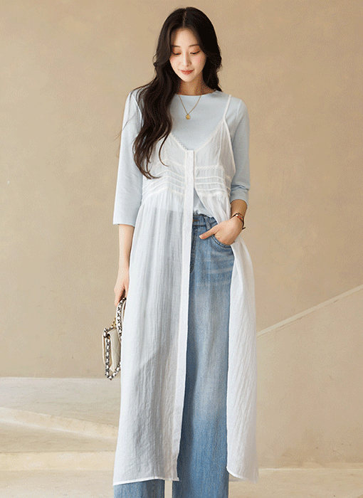 [Theonme] 켈리 레이스 배색 시스루 거즈면 롱 베스트 뷔스티에 원피스