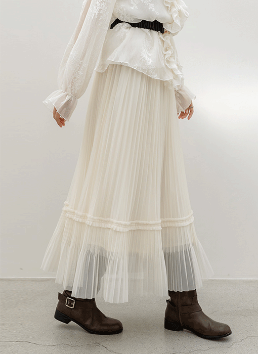 샤르비 허리 밴딩 샤 레이스 플리츠 A라인 롱 스커트