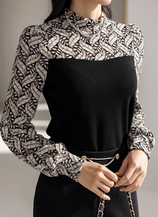 [LouisAngel] 델루이 포근 기모 리프 레이스 골지 레이어드 블라우스 티