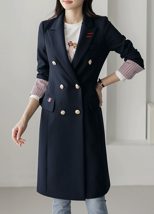 패리드 프렌치 배색 디테일 금장 버튼 테일러드 더블 롱 자켓