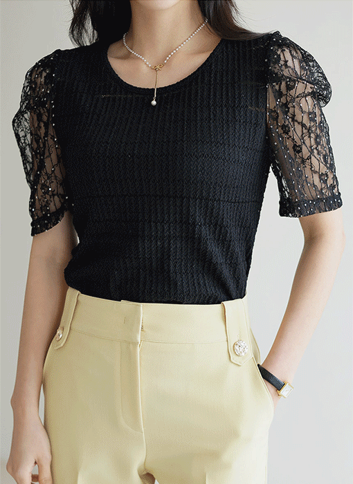[Theonme] 비즈장식 레이스 소매 라운드 티셔츠_2color