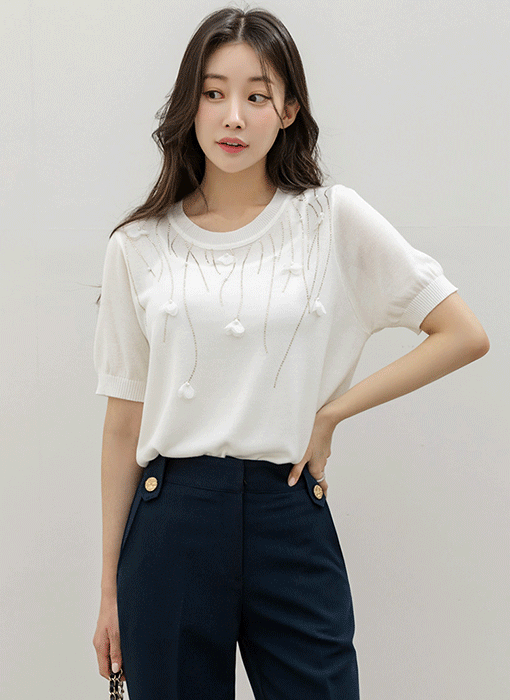 드로핑 진주 쉬폰 꽃잎 핫픽스 베인 라운드 반팔 니트