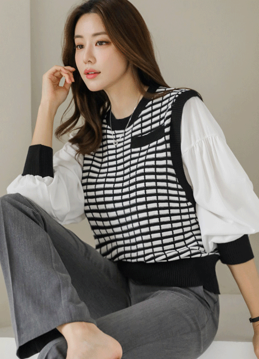 格纹针织拼接泡泡袖衬衫