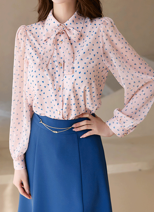 [LouisAngel] 레시아 러블리 미니 하트 펄 도트 쟈가드 쉬폰 배색 블라우스