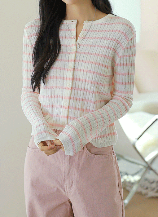 [Theonme] 레오 배색 스트라이프 캐시미어 꽈배기 가디건