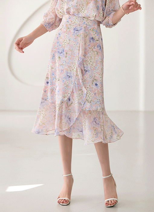 [LouisAngel] 라프나 백 밴딩 랩디자인 쉬폰 프릴라인 미디 스커트 