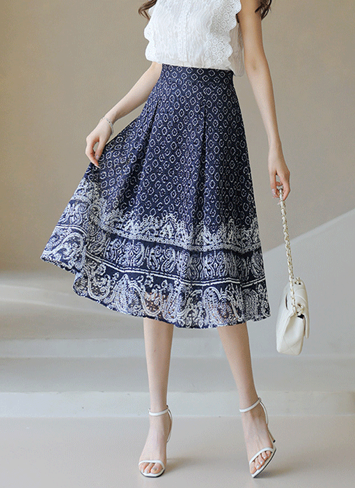 [LouisAngel] 에스닉 페이즐리 투톤 펀칭 레이스 핀턱 플리츠 A라인 스커트
