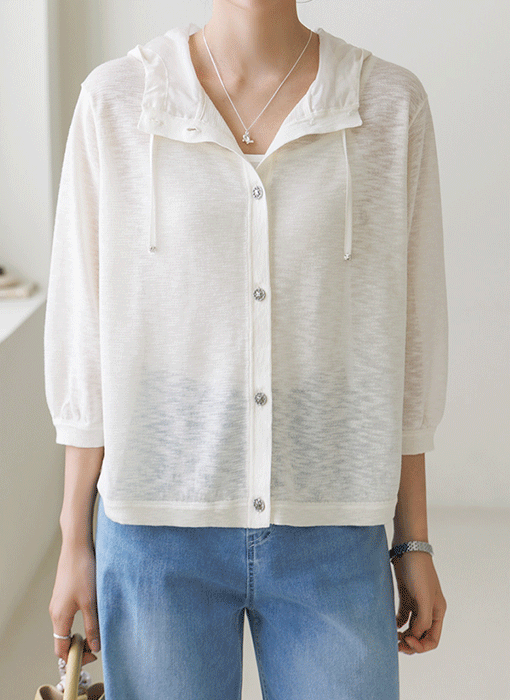 [Theonme] 하레드 실버 볼드버튼 슬라브 7부 후드 가디건