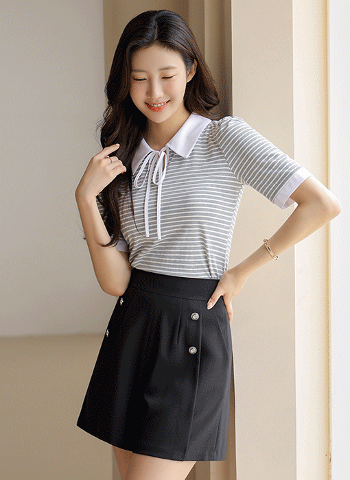 [LouisAngel] 쫀득 스판 고퀄 원단 리본 카라 스트라이프 퍼프숄더 티