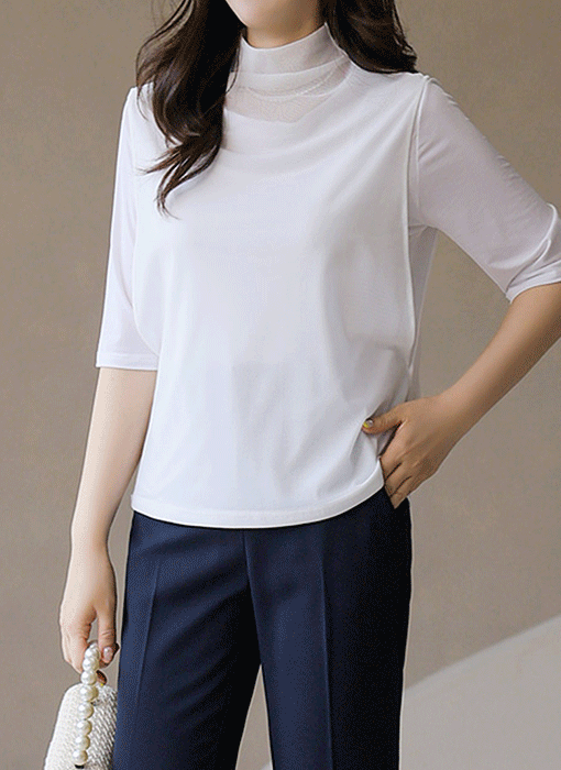 디엔트 찰랑 텐션 이중 망사 레이어드 반하이넥 5부 소매 티셔츠