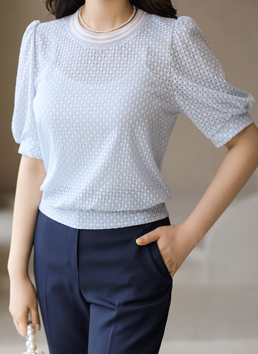 [LouisAngel] 소다팝 시스루 투톤 고방 체크 레이스 쟈가드 블라우스 티