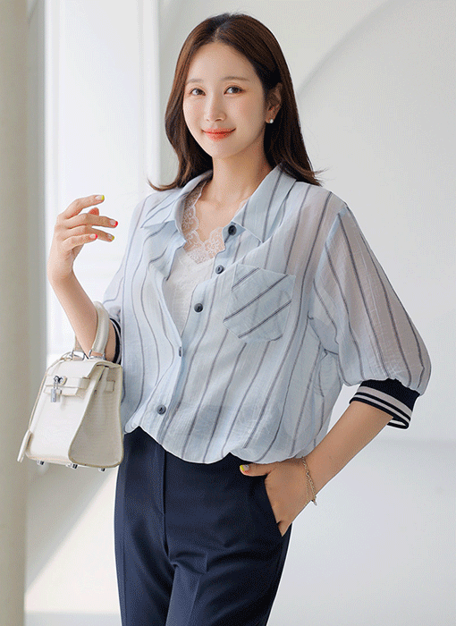 샤일드 시스루 지지미 스트라이프 밴딩 배색 밑단 스트링 셔츠 자켓